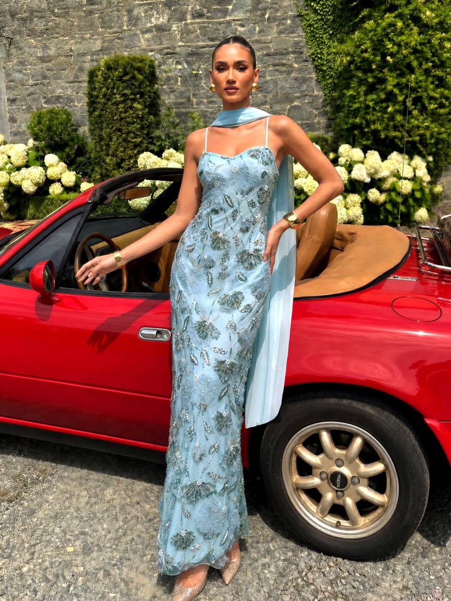 UNITHORSE [Random Cut]Spaghetti Strap Cinched Waist Backless Tie-Up Sequin Elegant Evening Dress - Light Wash - View 1