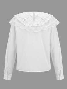 ii Peter Pan Collar Ruffle Lace Trim Patchwork Blouse - White - View 9