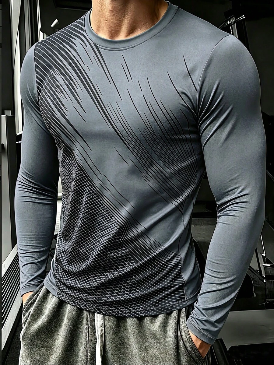 Men's Geometric Print Long Sleeve T-Shirt - Fitness, Outdoor Running Training Top - Grey - View 1