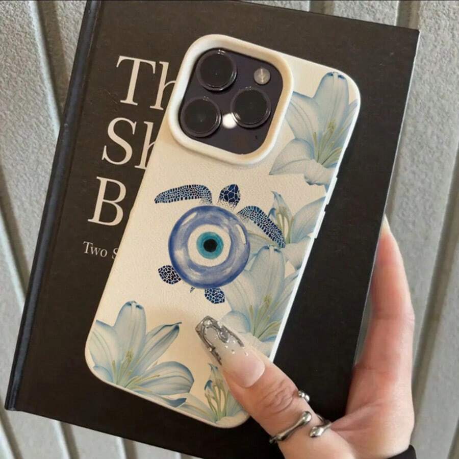1pc TPU Material Blue Eye Turtle & Lily Flower Pattern Phone Case Compatible With IPhone 17 Pro Max/17/16 Pro Max/15/13/12/11/ S20 FE/A15/S24/A55/ Note 11/Note 12/Note 13 Pro Full Coverage Anti-Drop Soft Shell Phone Protective Cover - White - View 1