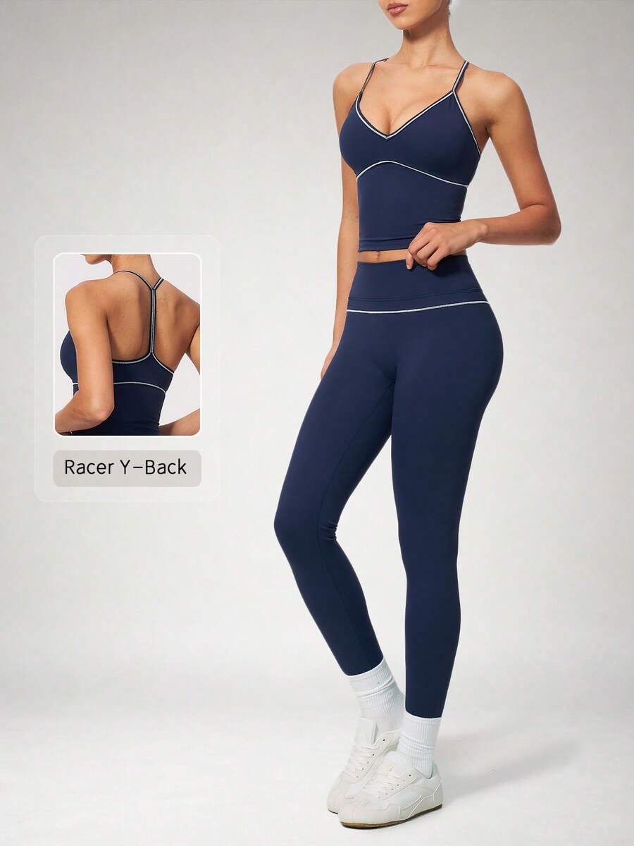 NcmRyu Women's One Set Contrast Color White Line Deep V-Neck Y-Back Tank Top & Fitted Long Pants Sports Set - Blue - View 1