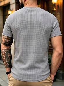Men's Waffle Knit Solid Color Crew Neck Short Sleeve T-Shirt, Loose Fit Casual Everyday Basic Top - Light Grey - View 4