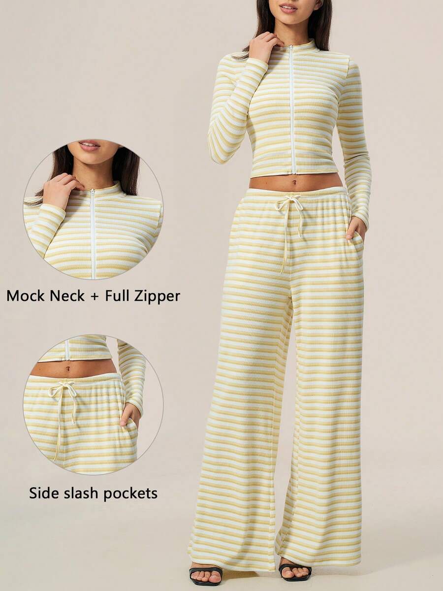 TimeOff Women's One Set Autumn/Winter Color-Block Striped Zip-Up Jacket With Side Pockets And Drawstring Waist Wide-Leg Pants - Yellow - View 1