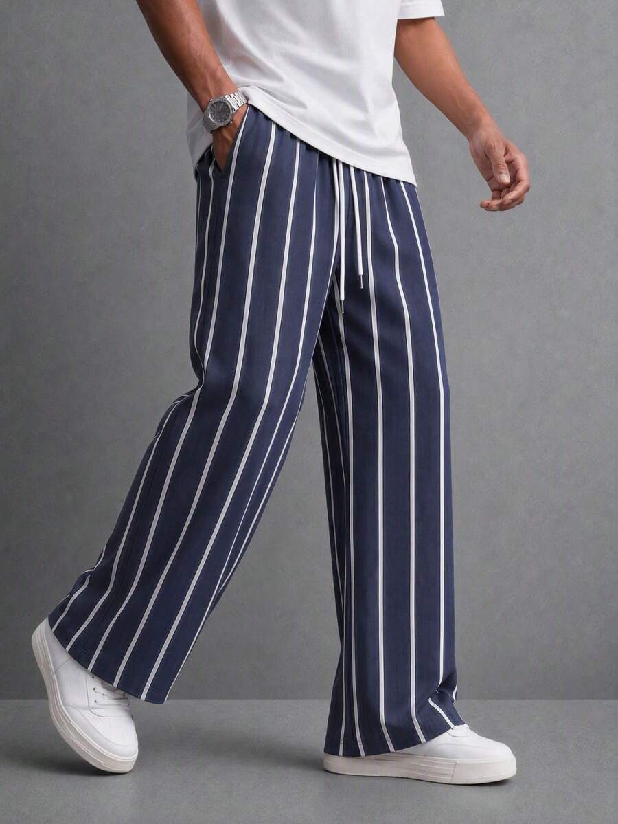SU ER Men's Summer Striped Loose Drawstring Elastic Waist Casual Pants, Drapey Lazy Wide Leg Long Trousers - Navy Blue - View 1