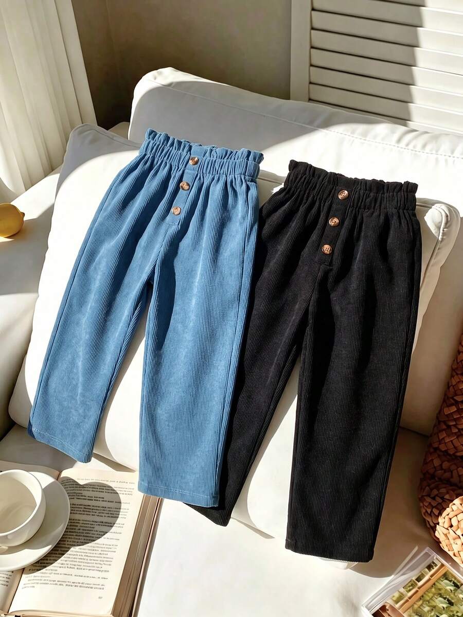 2pcs/Pack Celana Panjang Kasual Anak Perempuan untuk Sehari-hari, Modis, Warna Polos, Pinggang Elastis, 3 Kancing, Dekorasi Kayu, Musim Semi dan Gugur - MultiWarna - View 1