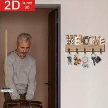 2D Flat "Welcome" Design Wooden Key Holder With 5 Metal Hooks - Suitable For Entryway, Door, Hallway, Mudroom, Hat/Bag Wall Decor - Modern Farmhouse Home Key Rack - Housewarming Thanksgiving Christmas Gift For Real Estate Agent Giveaway - View 2