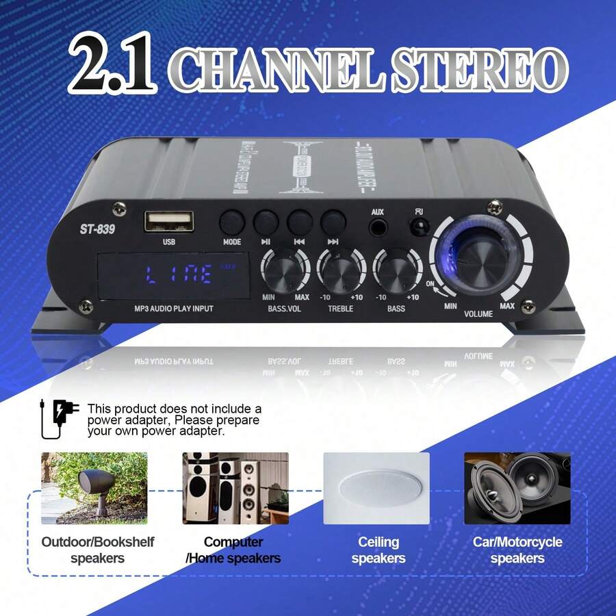 HiFi Car Audio Amplifier 2.1 Channel – Powerful Subwoofer Amplifier With Bass/Treble Adjustment, Clear Stereo Sound, Suitable For RV/Vehicle/KTV/Home, Easy Installation - Amplifier - View 1