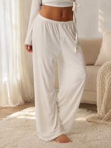 Sodalemon Women's White Ribbed Knit Lace Trim Faux Button Front Wide Leg Pajama Pants, Soft Elastic Waist Sleepwear - White - View 5