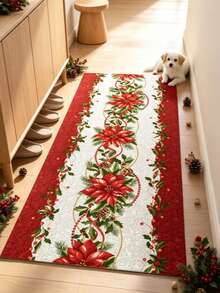 1pc Classic Red & White Poinsettia Christmas Hallway Runner Rug, Long Carpet, Living Room Rug, Bedside Plush Rug, Autumn/Winter Rug, Thick Rug, Large Area Rug, Bedroom Rug, Home Decor, Outdoor Rug, Washable - Multicolor - View 4