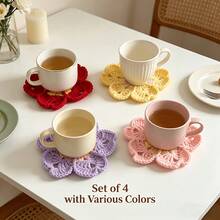 4pcs Handmade Crochet Cherry Blossom Coasters, Japanese Lolita Style, Anti-Slip Desk Mat, Best Souvenir - View 2