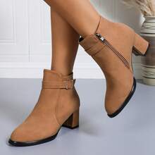 Botas de Tornozelo Femininas da Moda, Salto Grosso, Fechamento com Zíper, Adequadas para Outono/Inverno, Natal e Dia dos Namorados - Caramelo - Visão 3