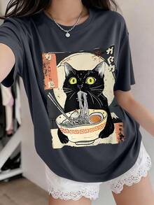 Teen Girl Cartoon Cat Ramen Print Short Sleeve T-Shirt, Teen Girl Summer Oversized Round Neck Top Blouse - Dark Grey - View 1