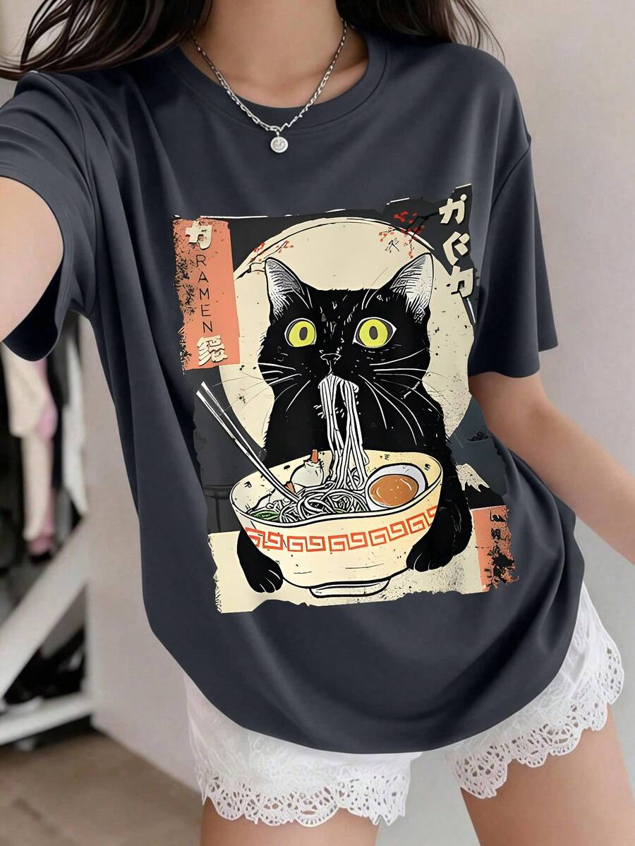 Teen Girl Cartoon Cat Ramen Print Short Sleeve T-Shirt, Teen Girl Summer Oversized Round Neck Top Blouse - Dark Grey - View 1
