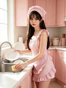 Cute Pink Polka Dot Ruffle Apron Set With Matching Headband, Sweet Ruffle Sleeveless Home Kitchen Cooking Apron, Lightweight Soft Fabric Housework Cleaning Uniform, Fashionable Girl Style Waist Apron, Suitable For Daily Housework, Baking And Cooking - Multicolor - View 2