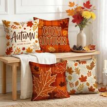 4pcs Autumn Maple Leaf Plaid Pillow Covers, Orange Red Plaid Autumn Print Pattern, Single-Sided Printed Pillow Covers/Cushion Covers, Multi-Scene Atmosphere Decoration Pillow Covers Suitable For Living Room, Sofa, Bedroom, Pillow Insert Not Included - Multicolor - View 8