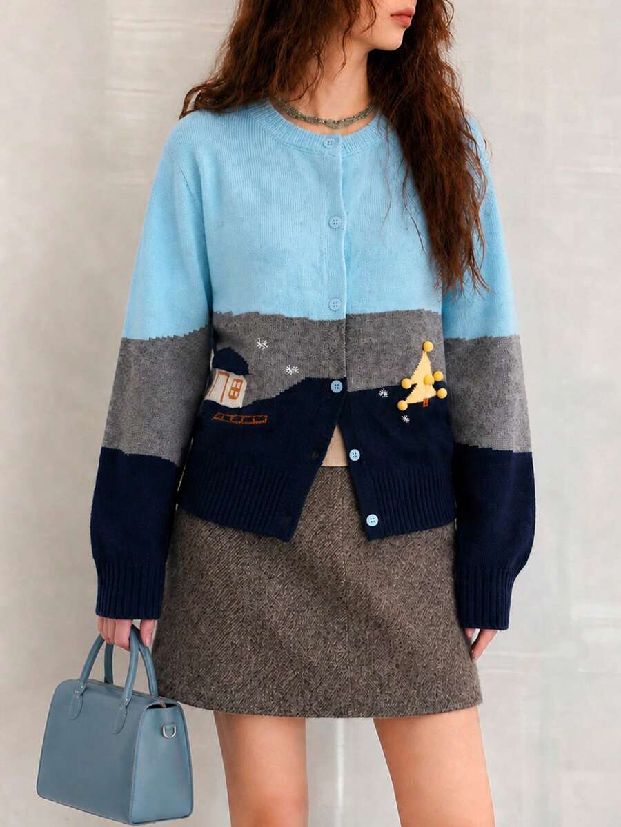 Cardigan Rajut Leher Bulat Minimalis Elegan Kasual Musim Gugur untuk Wanita - MultiWarna - View 1