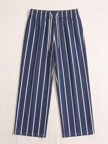 SU ER Men's Summer Striped Loose Drawstring Elastic Waist Casual Pants, Drapey Lazy Wide Leg Long Trousers - Navy Blue - View 4