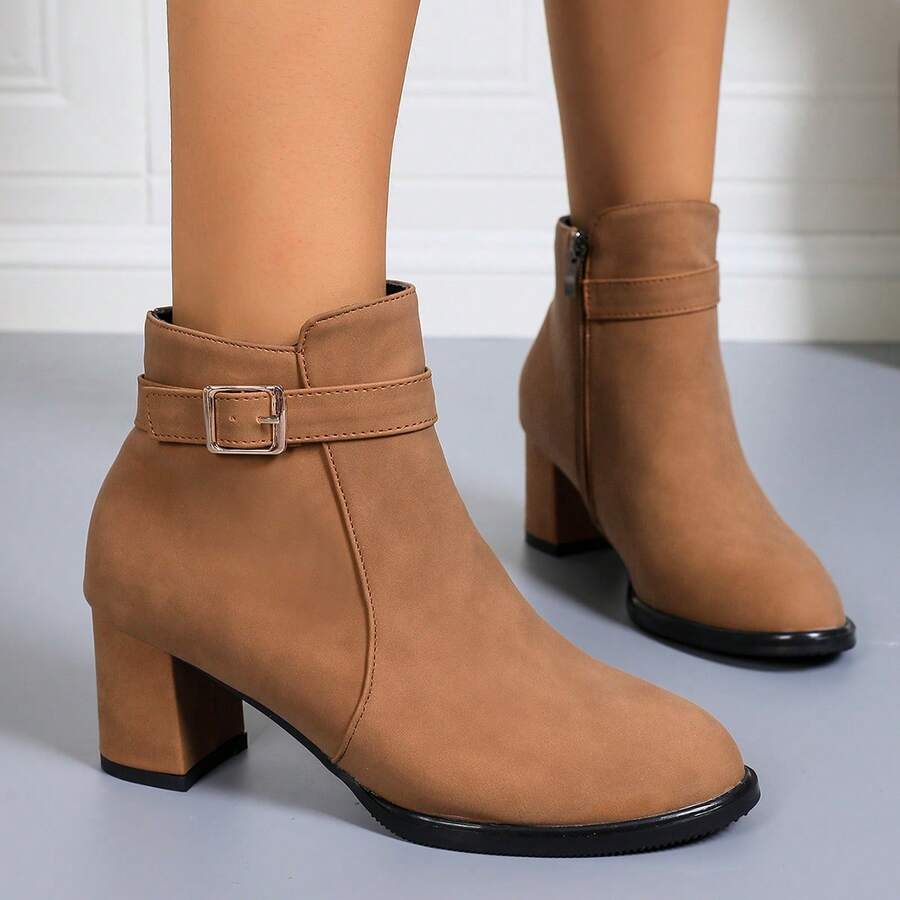 Botas de Tornozelo Femininas da Moda, Salto Grosso, Fechamento com Zíper, Adequadas para Outono/Inverno, Natal e Dia dos Namorados - Caramelo - Visão 1