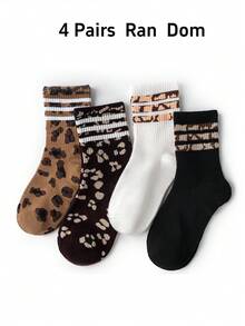 1/4 Pairs Classic Leopard/Spotted, Maillard Brown Color Palette, Cotton Blend Breathable & Moisture-Wicking, High Elasticity Non-Slip Cuff, Korean Ins Retro Style Mid-Calf Socks - Multicolor - View 9