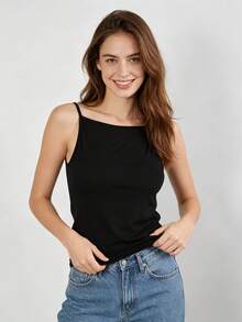 White Jersey Square Neck Padded Camisole,Built-In Chest Pad Thin Strap Form Fitting Tank Top,Convenient No Underwire Basic Layering Top Matching Jeans - Black - View 2