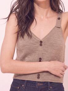 JIANHU Beige Adjustable Knit Camisole - Autumn/Winter V-Neck, With Wooden Buttons And Ribbed Trim | Thanksgiving Dinner And Christmas Layering Casual Summer - Khaki - View 6