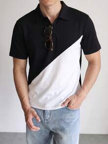 Men's Asymmetric Color Block Collar Polo Shirt, Black And White Diagonal Split Design Short Sleeve, Suitable For Casual And Business Occasions - Army Green - View 1
