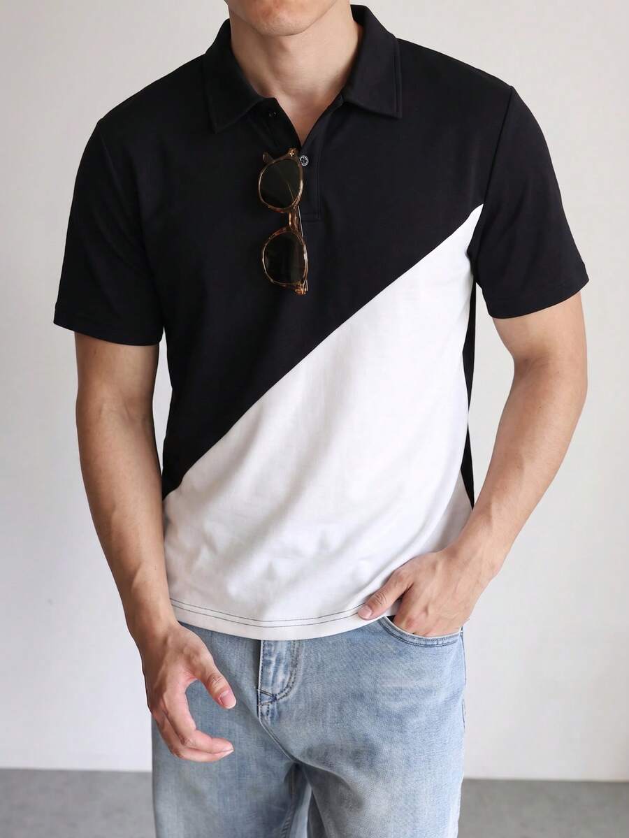 Men's Asymmetric Color Block Collar Polo Shirt, Black And White Diagonal Split Design Short Sleeve, Suitable For Casual And Business Occasions - Army Green - View 1