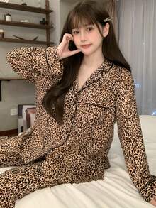 2pcs/Set Women's Pajamas Loungewear Set, Mature Leopard Print Lapel Cardigan Long Sleeve Cropped Pants, Easy Care Fabric - Brown - View 7