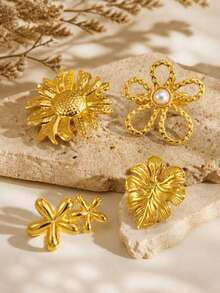 VceTd1/5PCS Fashionable Romantic Floral/Starfish Design Stainless Steel Brooch Suitable For Women's Daily Wear, Vacation, Evening Wear Or Holiday Gift - Golden - View 8