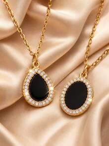 1/3Pcs 18K Gold Plated Stainless Steel Necklace Set, Black Teardrop Oval Round CZ Halo Pendant, Daily Wear Dainty Holiday Gift Jewelry For Women - Gold - View 6