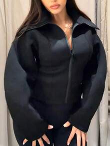 Women's Elegant Personalized Versatile Long Sleeve Waist-Cinching Short Jacket, Solid Color - Black - View 9