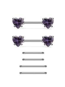 6pcs/Set Multi-Color Synthetic Zirconia Heart-Shaped Stainless Steel Body Piercing Jewelry With Replacement Bars - 6pcs - View 3