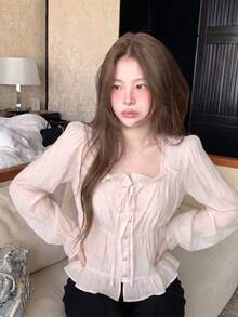 Casual Versatile Solid Color Lace-Up Long Sleeve Shirt Pink Summer - Pink - View 1