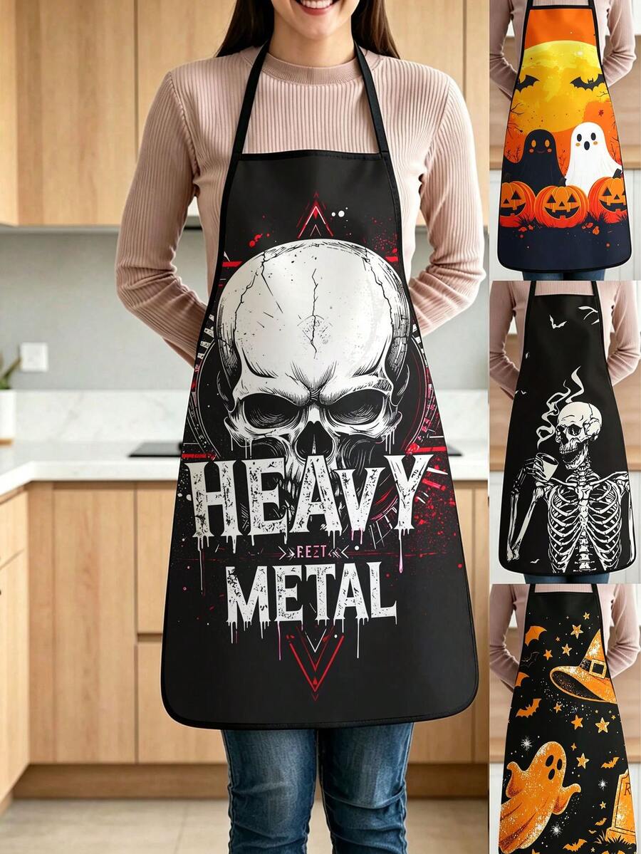 4pcs Drinking Coffee Skeleton Print Apron, Gothic Black Bat Pattern Adjustable Cooking Apron, Funny Halloween Kitchen Decor - Multicolor - View 1