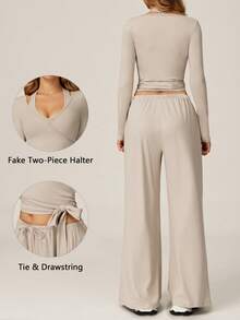 TimeOff Women's One Set Solid Color Cross Wrap Tie Waist Long Sleeve Cover Up With Elastic Drawstring Side Pockets Wide Leg Pants - Apricot - View 3