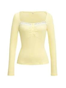 Women Fall Summer Yellow Square Neck Long Sleeve Top Lace Trim Button Ribbed Knit Slim Fit Y2K Casual Sweet Back To School Street Home Daily Wear Tee - Yellow - View 3