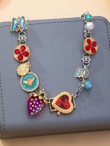 OABE 1pc Personalized Summer Fresh Elegant Strawberry/Heart/Butterfly Multi-Pendant Women's Charm Necklace Suitable For Vacation/Daily Wear - Multicolor - View 2