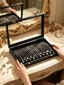 1pc, Luxury, Large Capacity, Jewelry Storage Box, Glass Lid, With Premium Black Velvet Lining, Can Display Rings, Earrings, Necklaces And Bracelets. - Multicolor - View 3