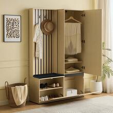 Hall Tree With Mirror And Bench - Modern Entryway Furniture Set With Coat Rack, Shoe Storage, 4 Hooks, And Padded Bench. [OLD ITEM CODE: GL38123N] - Wood + MDF - View 3