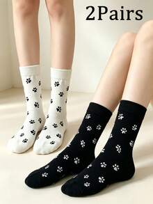 2 Pairs Black & White Cute Cat Paw Print Mid-Calf Socks, Versatile For Women, Summer & Autumn Daily Wear, Back To School Essential, School Socks, レディース Socks Women - Black and White - View 7