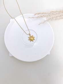 1pc Stainless Steel Waterproof Non-Fading Vintage Smiling Face Moon & Sun Pendant Necklace, Clavicle Chain Suitable For Women's Daily Wear - Gold - View 2