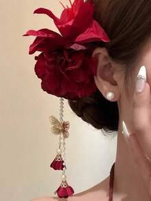 2026新款中式紅花流蘇蝴蝶髮夾女用（背面使用膠水黏貼） - 彩色 - 查看 6