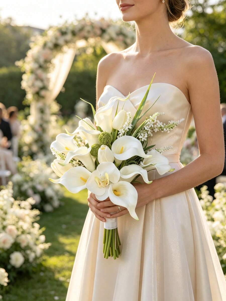 White Calla Lily Bouquet Party Decoration Artificial Flowers Bridal Bouquet Wedding Bride Wedding Bouquet, Wedding Hand Bouquet, Bridal Shower Wedding Ceremony Anniversary - Multicolor - View 1