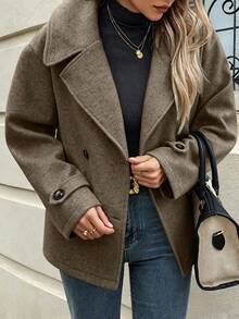 Women's Autumn/Winter Woven Double-Button Lapel Coat, Long Sleeve, Drop Shoulder, Regular Length Jacket - Coffee Brown - View 4