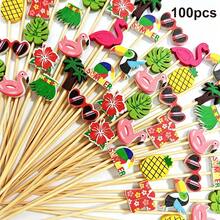 100pcs Tropical Themed Cocktail Picks, 4.7 Inch, Hawaiian Theme, Hibiscus Flamingo Pattern, Fruit Dessert Skewers, Appetizer Sticks, Suitable For Drinks, Luau, Beach Party Decor, Summer Theme Party Supplies - 10 Styles Assorted - View 2