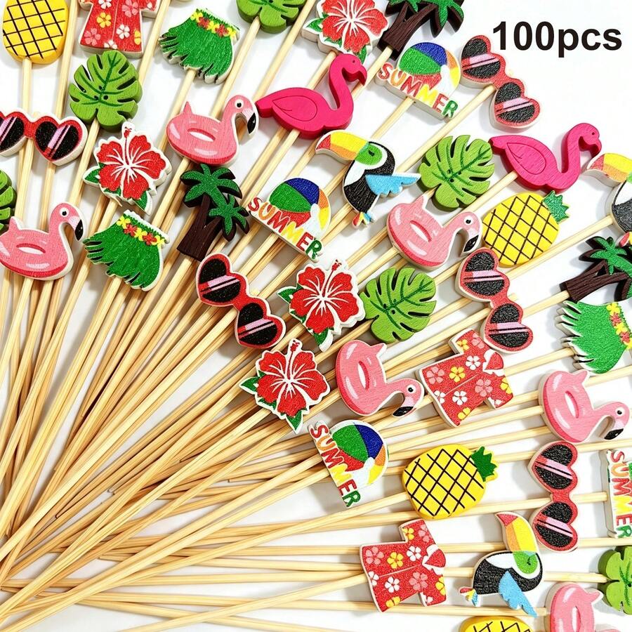 100pcs Tropical Themed Cocktail Picks, 4.7 Inch, Hawaiian Theme, Hibiscus Flamingo Pattern, Fruit Dessert Skewers, Appetizer Sticks, Suitable For Drinks, Luau, Beach Party Decor, Summer Theme Party Supplies