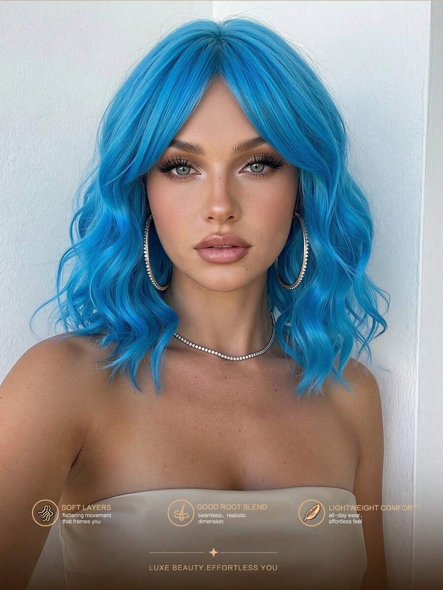 Women's Shoulder-Length Christmas Green Curly Bob Wig With Bangs, Beautiful Colorful Heat-Resistant Synthetic Hair, Suitable For Holidays, Daily Fashion, Cosplay, Halloween And Christmas, Braided Wig - Blue - View 1