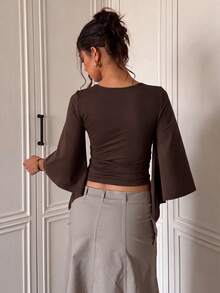 Women's Elegant Deep V-Neck Short Top, 3/4 Bell Sleeves, Fitted Ruched Waist, Basic T-Shirt Suitable For Casual Daily Wear - Coffee Brown - View 7