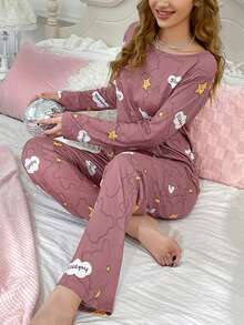 2pcs Women's Cartoon Star Print Long Sleeve Top And Pants Cute Casual Pajama Set - Rusty Rose - View 9