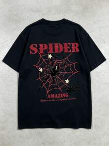 تي شيرتات رجالية، طباعة العنكبوت وشبكة العنكبوت، طباعة حرف "SPIDER"، رقبة دائرية، أكمام قصيرة، مثالية للصيف. - أبيض - مشاهدة 10